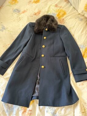 J. Crew Navy Coat with Dark Fur Collar